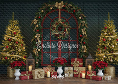 Red Arched Window Wreath Gifts Christmas Backdrop - Layoris