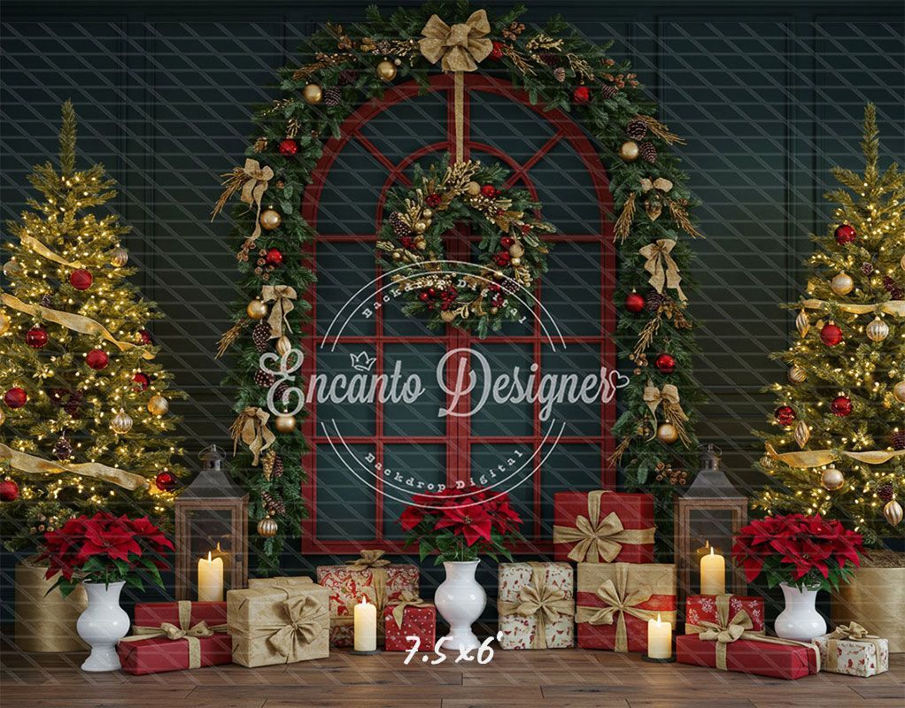 Red Arched Window Wreath Gifts Christmas Backdrop - Layoris