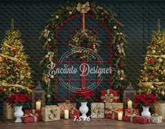 Red Arched Window Wreath Gifts Christmas Backdrop - Layoris