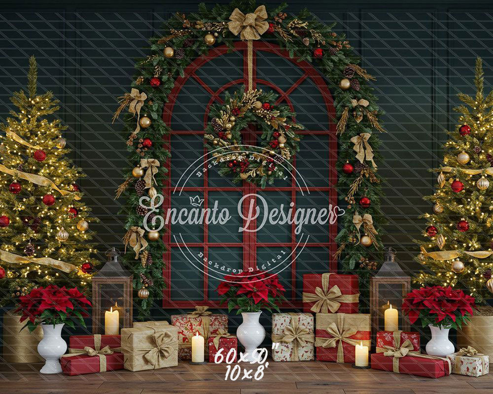 Red Arched Window Wreath Gifts Christmas Backdrop - Layoris