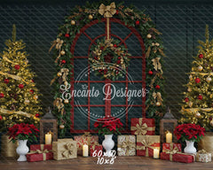 Red Arched Window Wreath Gifts Christmas Backdrop - Layoris
