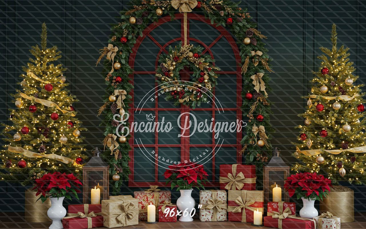 Red Arched Window Wreath Gifts Christmas Backdrop - Layoris
