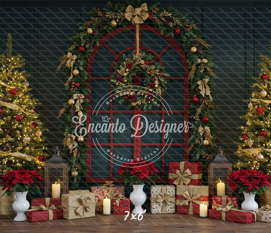 Red Arched Window Wreath Gifts Christmas Backdrop - Layoris