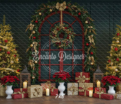 Red Arched Window Wreath Gifts Christmas Backdrop - Layoris