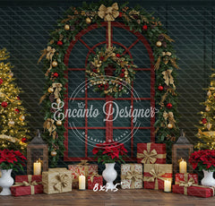 Red Arched Window Wreath Gifts Christmas Backdrop - Layoris