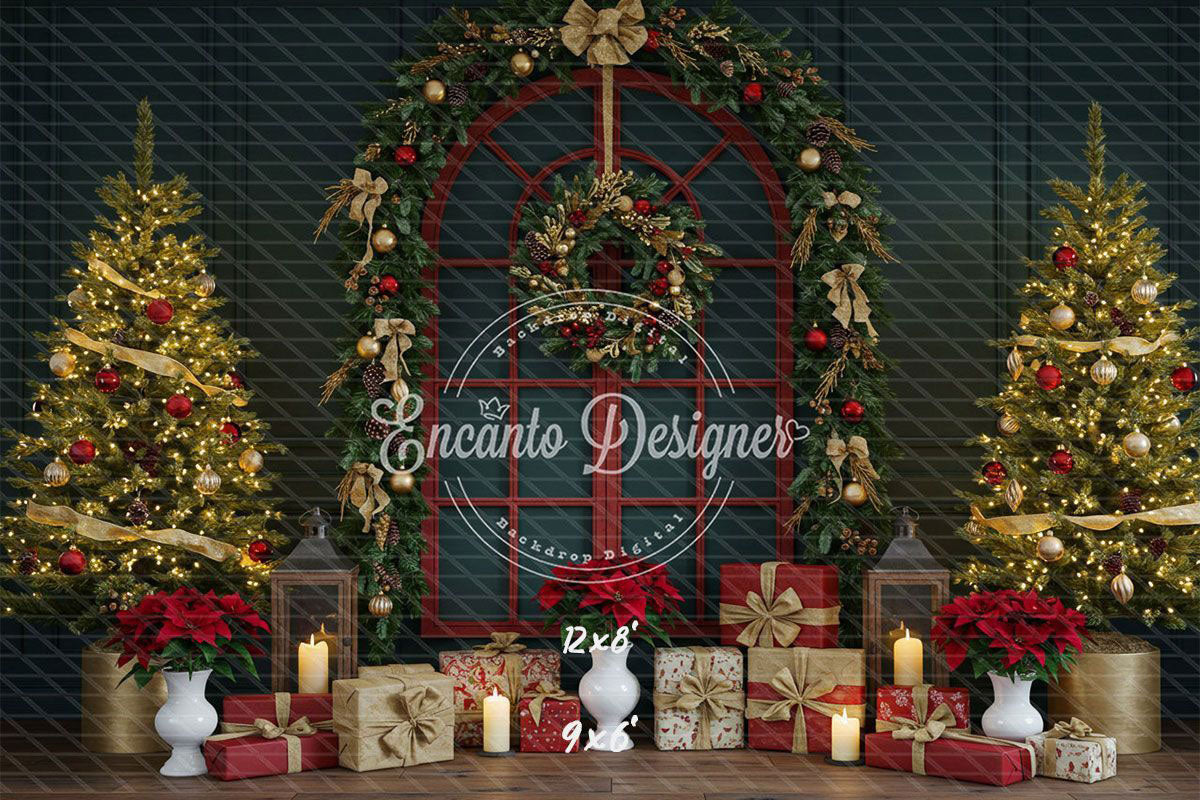 Red Arched Window Wreath Gifts Christmas Backdrop - Layoris
