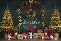 Red Arched Window Wreath Gifts Christmas Backdrop - Layoris