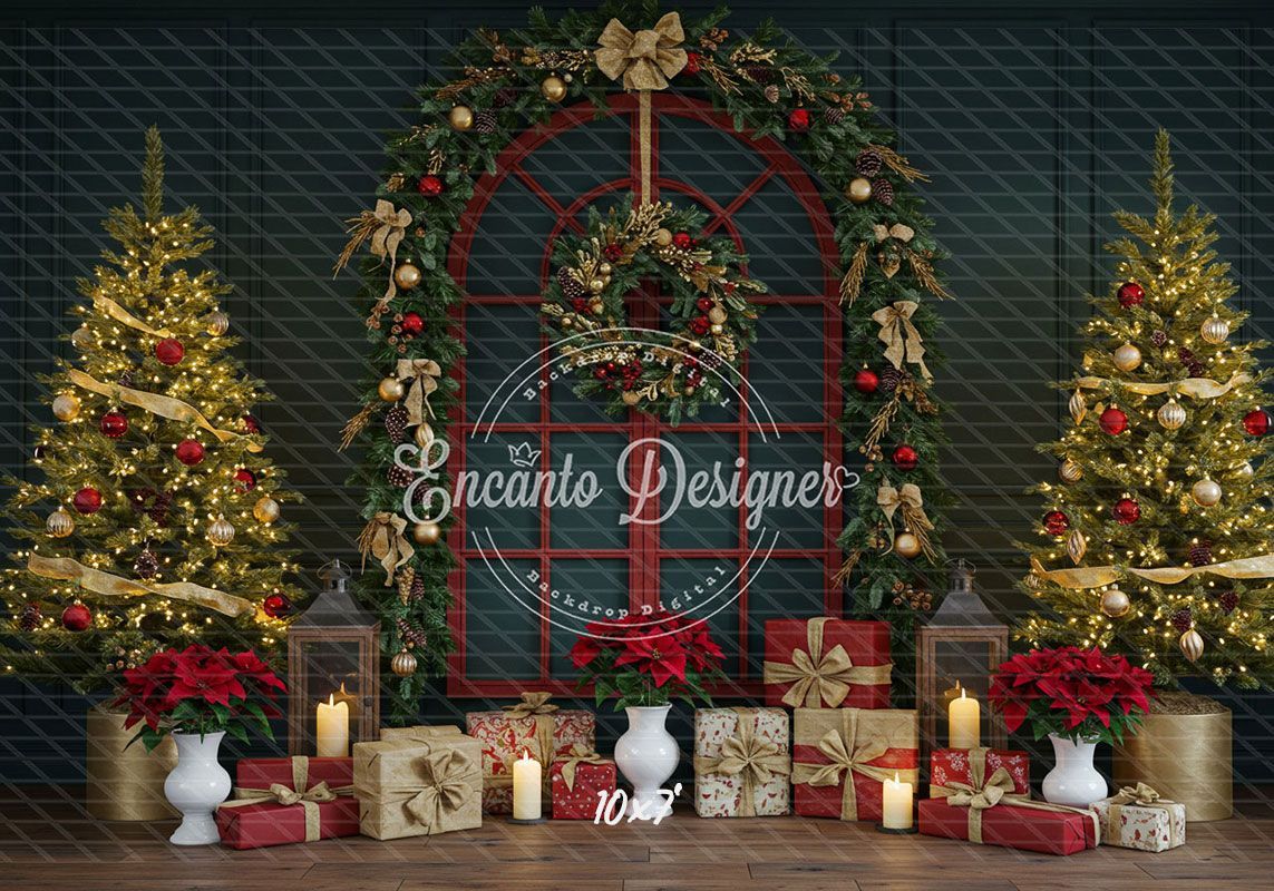 Red Arched Window Wreath Gifts Christmas Backdrop - Layoris
