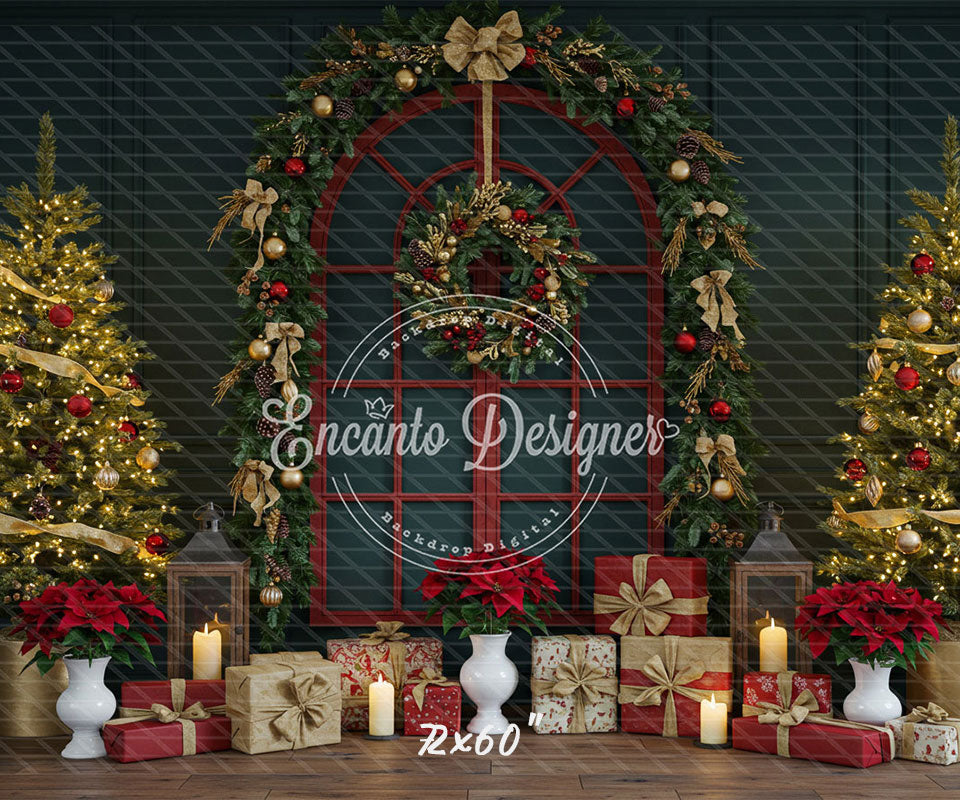 Red Arched Window Wreath Gifts Christmas Backdrop - Layoris
