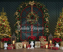 Red Arched Window Wreath Gifts Christmas Backdrop - Layoris