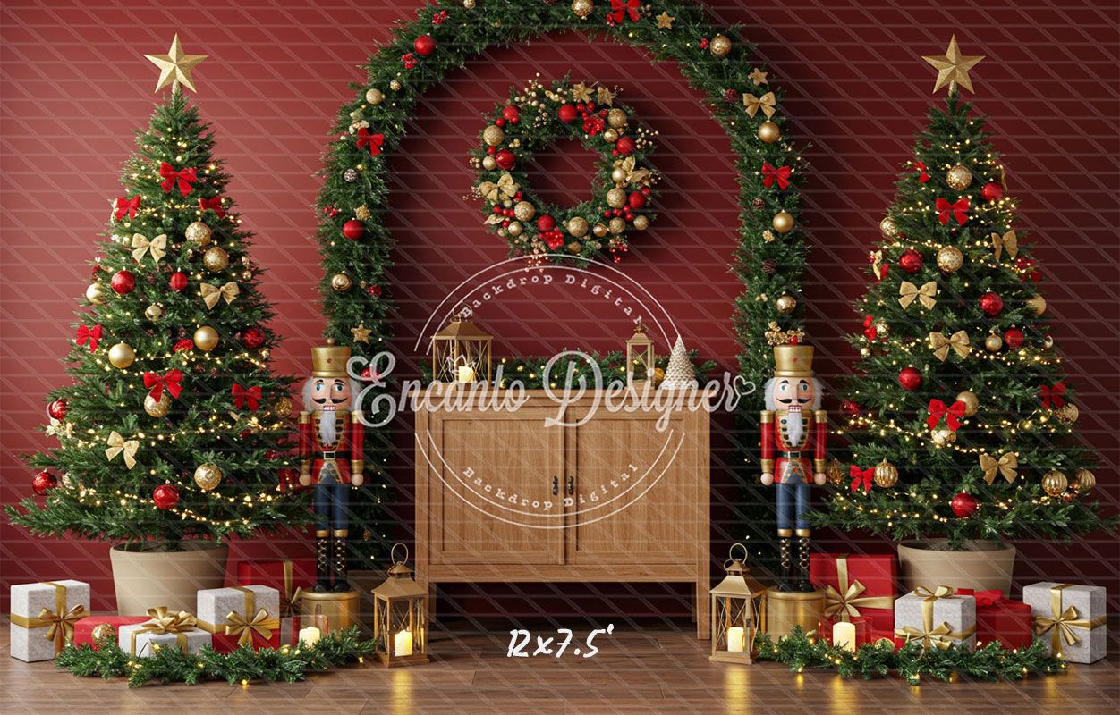 Nutcracker Arch Wreath Trees Gifts Christmas Backdrop - Layoris