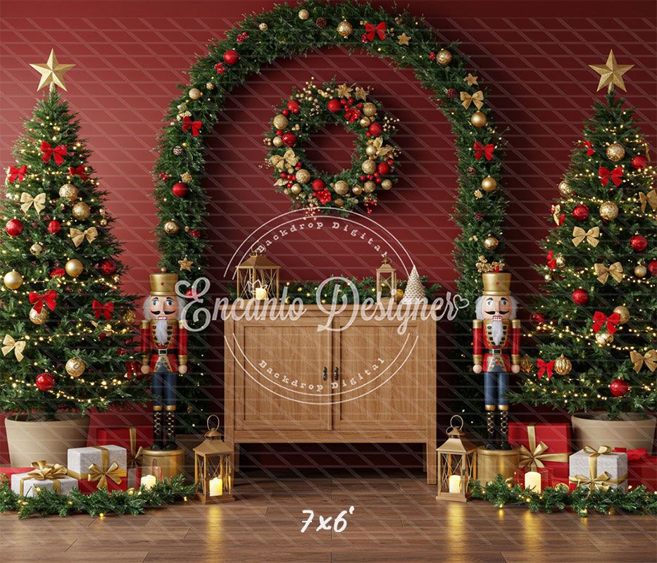 Nutcracker Arch Wreath Trees Gifts Christmas Backdrop - Layoris