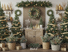 Wreaths Trees Wicker Baskets Gifts Christmas Backdrop - Layoris