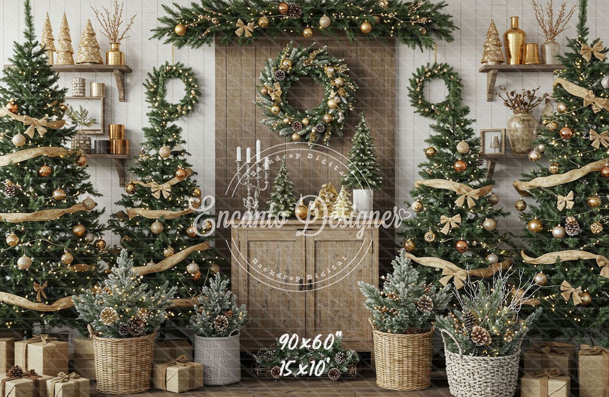 Wreaths Trees Wicker Baskets Gifts Christmas Backdrop - Layoris
