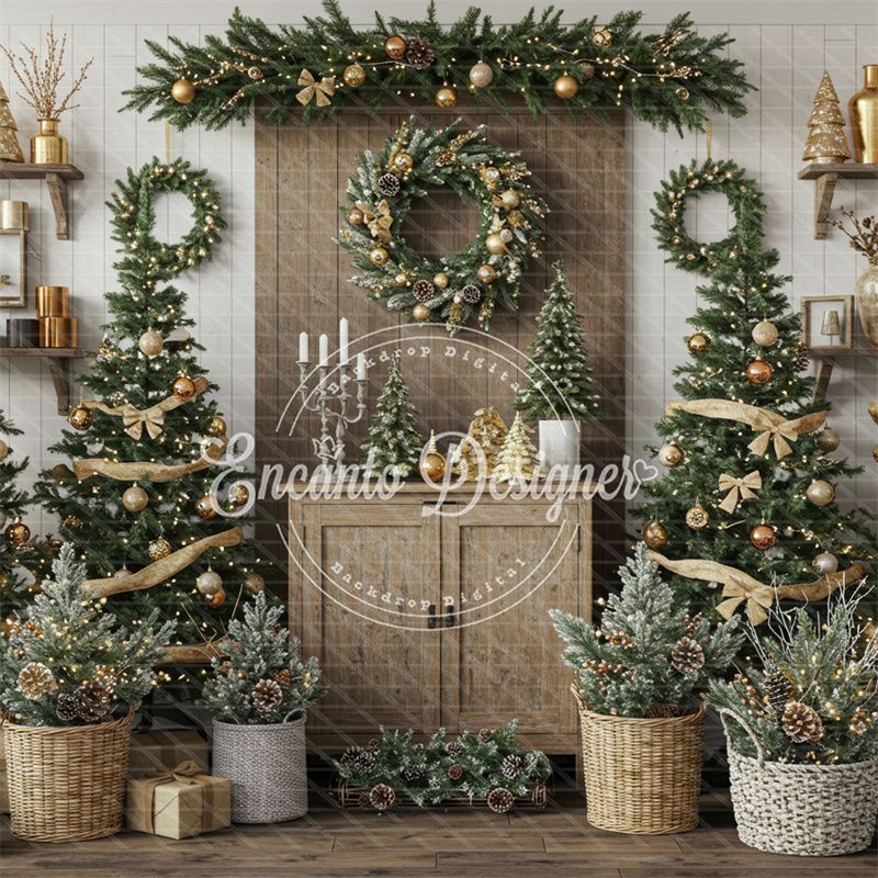 Wreaths Trees Wicker Baskets Gifts Christmas Backdrop - Layoris