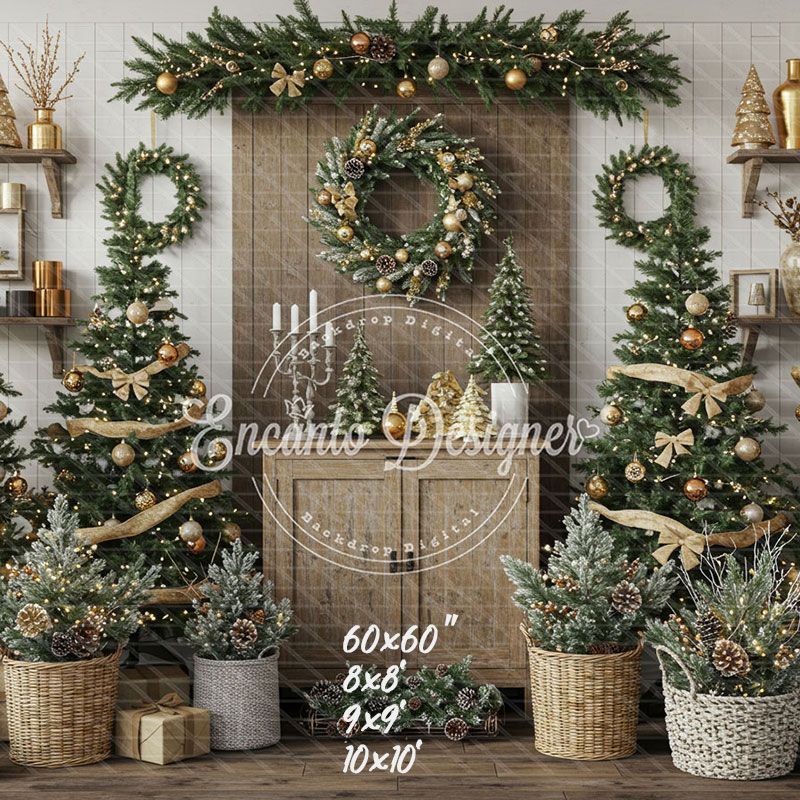 Wreaths Trees Wicker Baskets Gifts Christmas Backdrop - Layoris