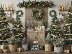 Wreaths Trees Wicker Baskets Gifts Christmas Backdrop - Layoris
