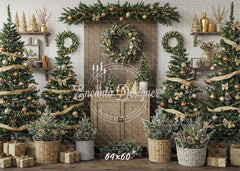 Wreaths Trees Wicker Baskets Gifts Christmas Backdrop - Layoris