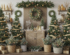 Wreaths Trees Wicker Baskets Gifts Christmas Backdrop - Layoris
