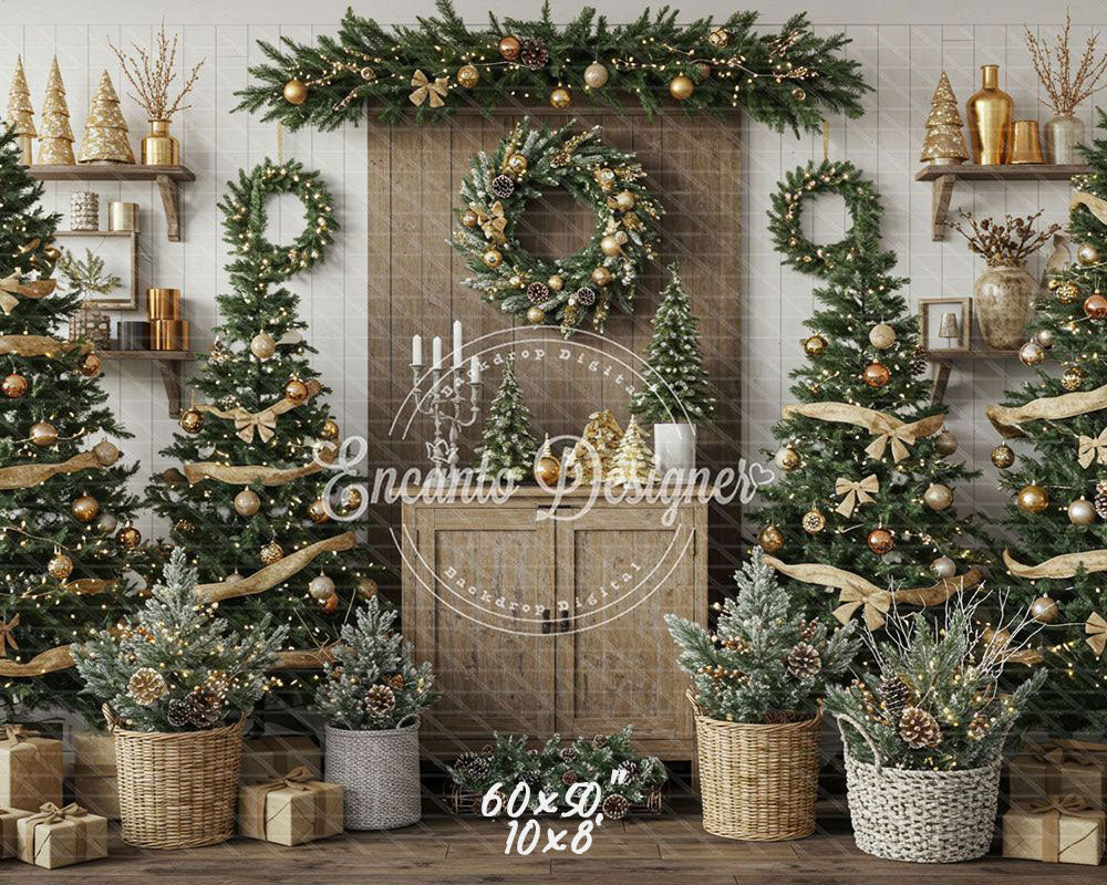 Wreaths Trees Wicker Baskets Gifts Christmas Backdrop - Layoris