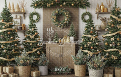 Wreaths Trees Wicker Baskets Gifts Christmas Backdrop - Layoris