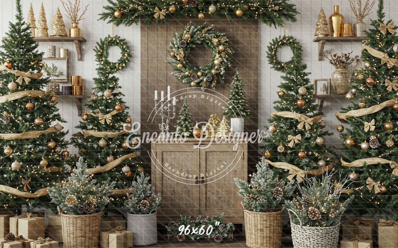 Wreaths Trees Wicker Baskets Gifts Christmas Backdrop - Layoris
