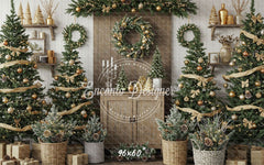 Wreaths Trees Wicker Baskets Gifts Christmas Backdrop - Layoris