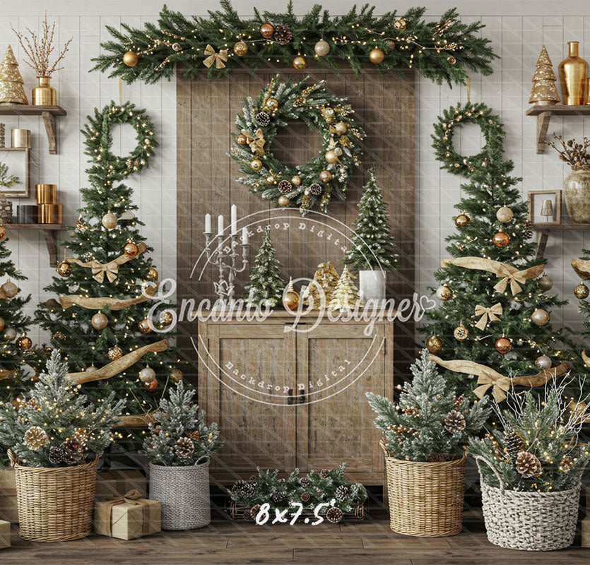 Wreaths Trees Wicker Baskets Gifts Christmas Backdrop - Layoris