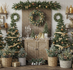 Wreaths Trees Wicker Baskets Gifts Christmas Backdrop - Layoris
