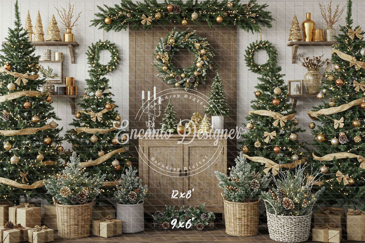 Wreaths Trees Wicker Baskets Gifts Christmas Backdrop - Layoris