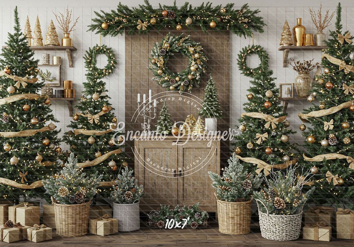 Wreaths Trees Wicker Baskets Gifts Christmas Backdrop - Layoris