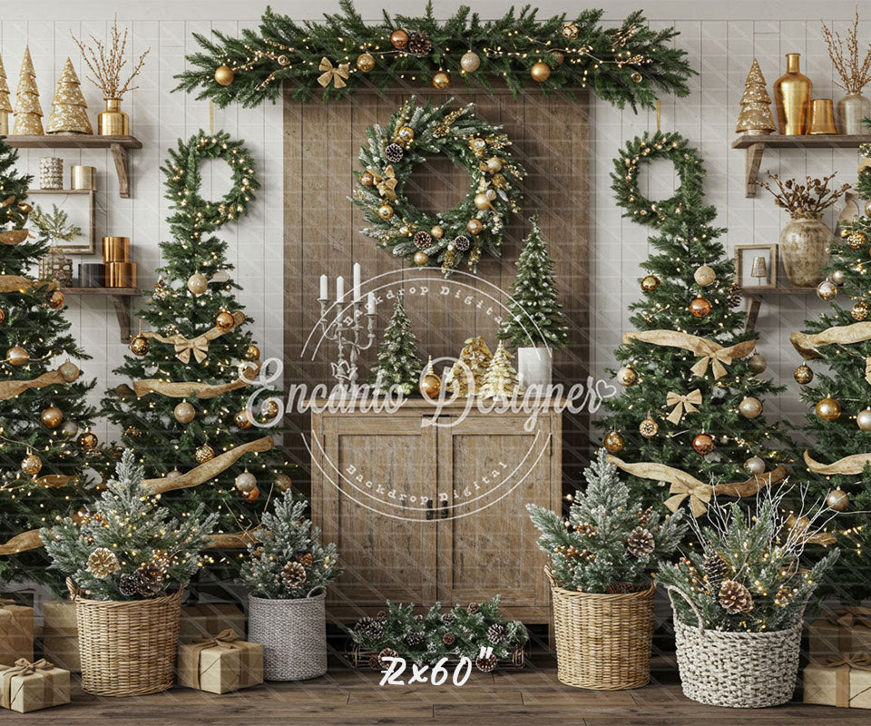 Wreaths Trees Wicker Baskets Gifts Christmas Backdrop - Layoris