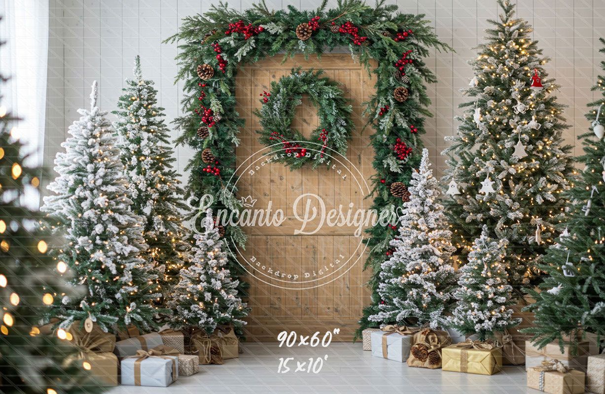 Wooden Door Wreath Snowy Trees Gifts Christmas Backdrop - Layoris