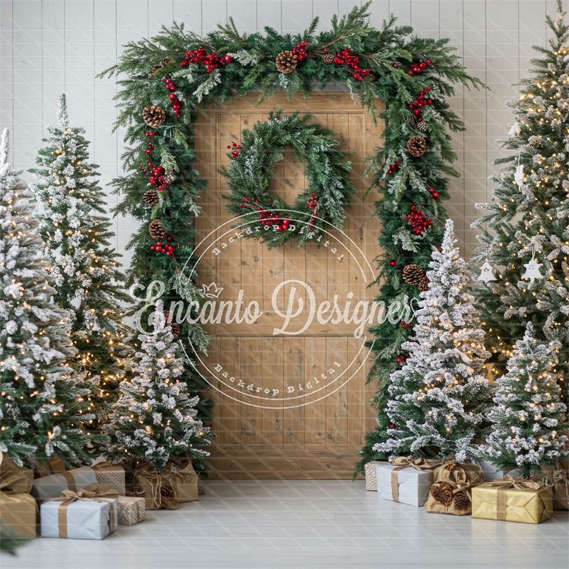 Wooden Door Wreath Snowy Trees Gifts Christmas Backdrop - Layoris