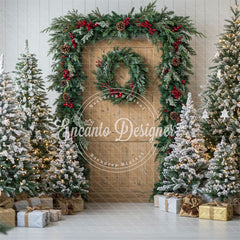 Wooden Door Wreath Snowy Trees Gifts Christmas Backdrop - Layoris