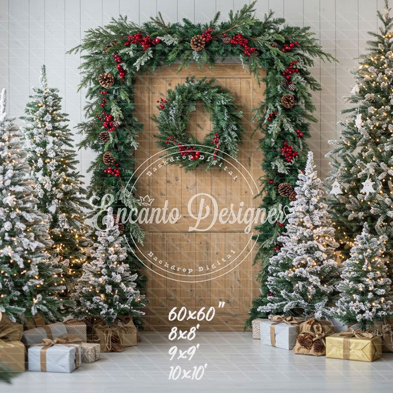 Wooden Door Wreath Snowy Trees Gifts Christmas Backdrop - Layoris