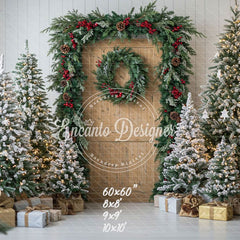 Wooden Door Wreath Snowy Trees Gifts Christmas Backdrop - Layoris