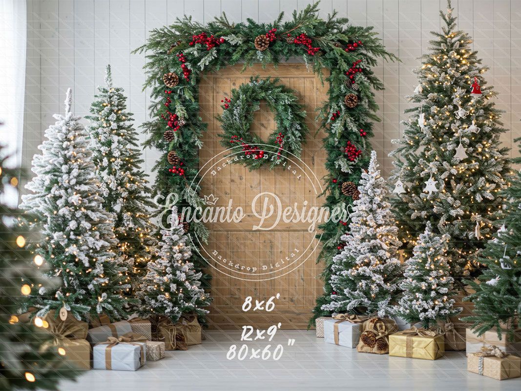 Wooden Door Wreath Snowy Trees Gifts Christmas Backdrop - Layoris