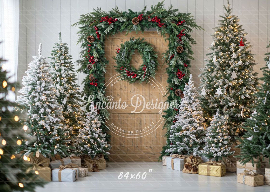 Wooden Door Wreath Snowy Trees Gifts Christmas Backdrop - Layoris