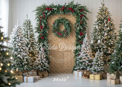 Wooden Door Wreath Snowy Trees Gifts Christmas Backdrop - Layoris