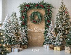 Wooden Door Wreath Snowy Trees Gifts Christmas Backdrop - Layoris