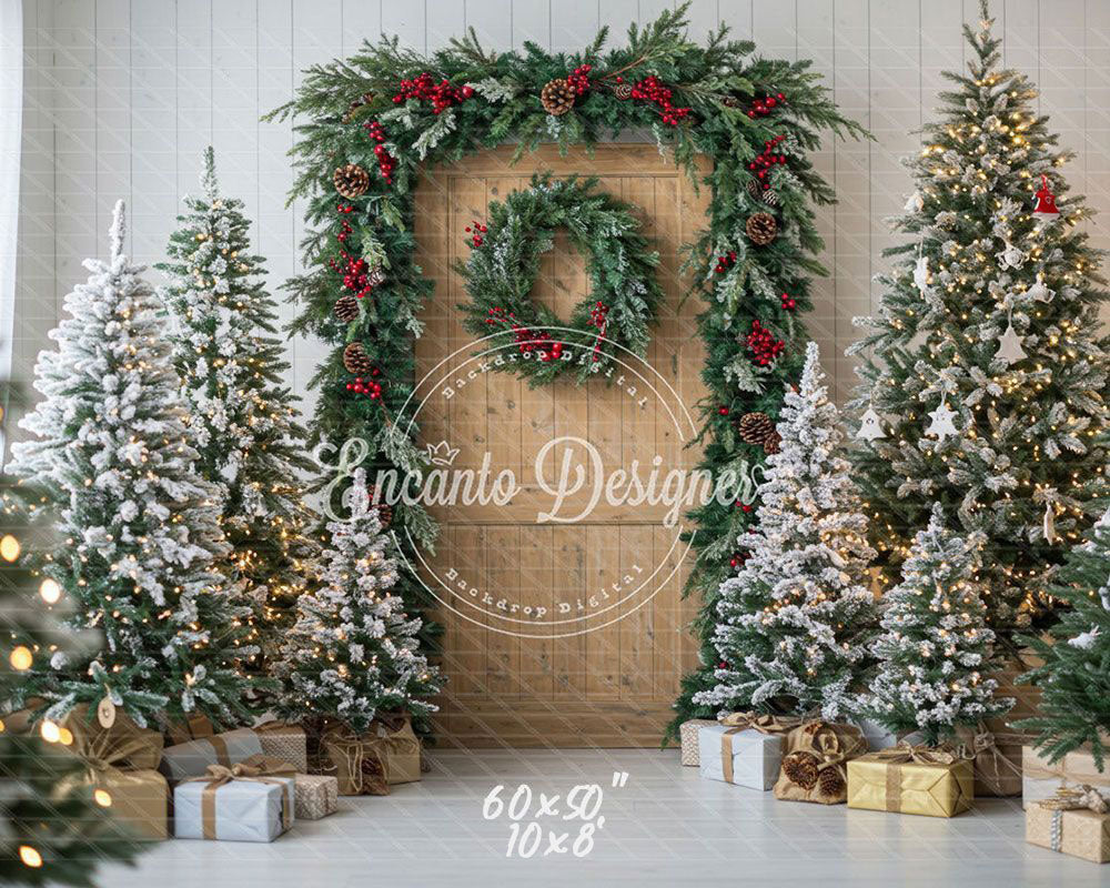 Wooden Door Wreath Snowy Trees Gifts Christmas Backdrop - Layoris