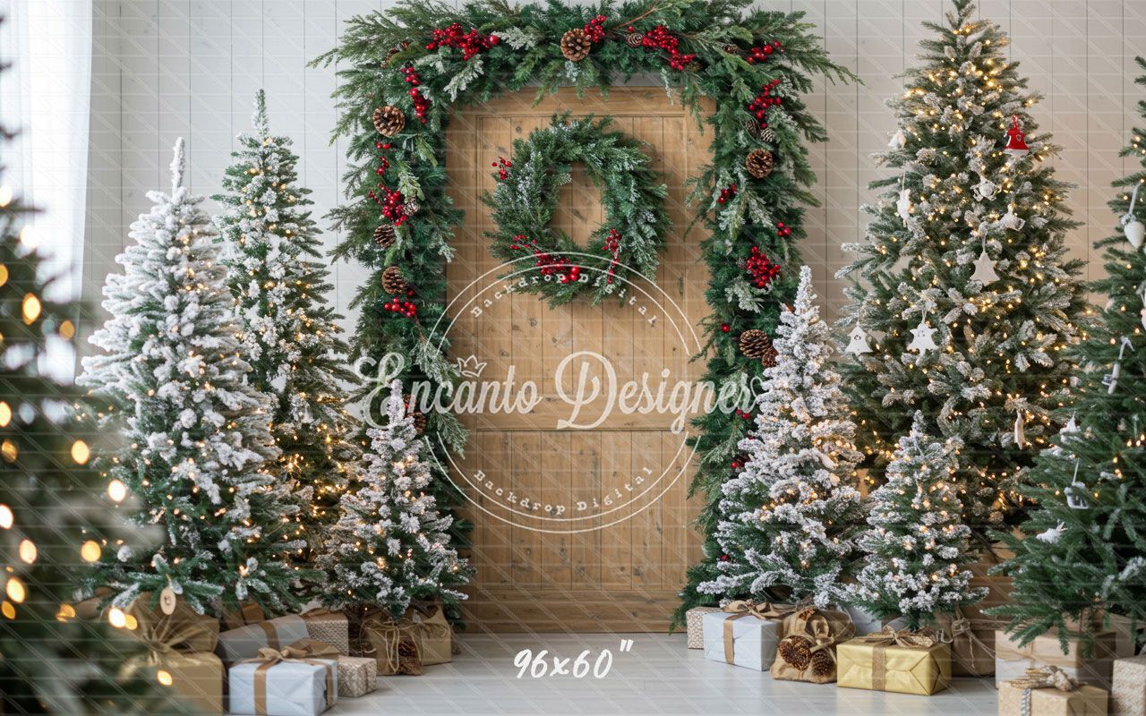 Wooden Door Wreath Snowy Trees Gifts Christmas Backdrop - Layoris