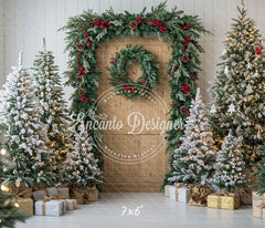 Wooden Door Wreath Snowy Trees Gifts Christmas Backdrop - Layoris
