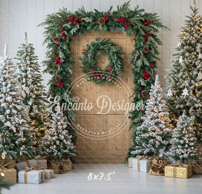 Wooden Door Wreath Snowy Trees Gifts Christmas Backdrop - Layoris