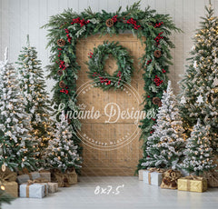 Wooden Door Wreath Snowy Trees Gifts Christmas Backdrop - Layoris