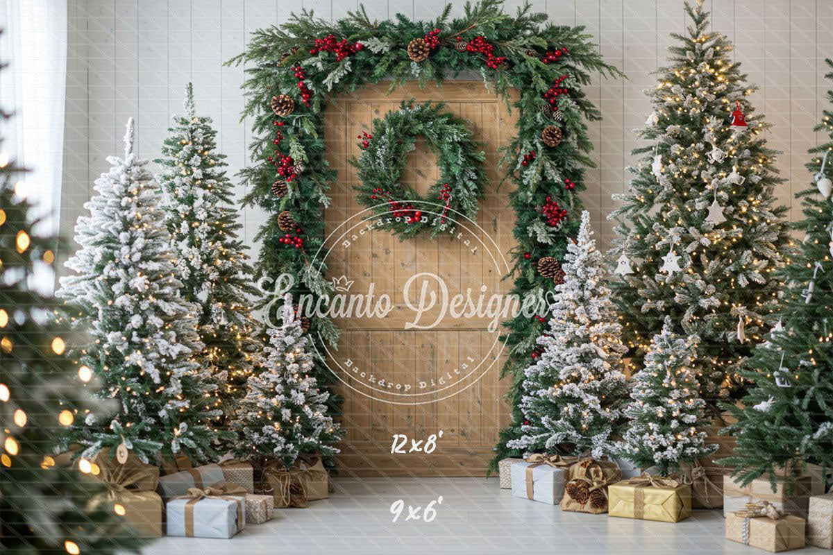 Wooden Door Wreath Snowy Trees Gifts Christmas Backdrop - Layoris