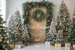Wooden Door Wreath Snowy Trees Gifts Christmas Backdrop - Layoris