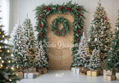 Wooden Door Wreath Snowy Trees Gifts Christmas Backdrop - Layoris