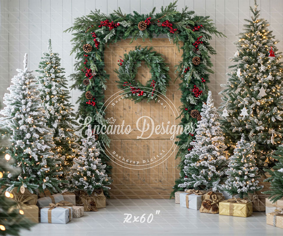 Wooden Door Wreath Snowy Trees Gifts Christmas Backdrop - Layoris